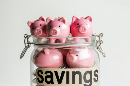 Group of pink piggy banks in a glass jar, inscription "SAVINGS". Personal savings and financial investment, money storage, money boxes. Saving for different purposes, financial literacy, family wealthの素材