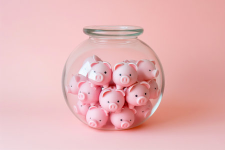 Group of pink piggy banks in a glass jar on pink. Personal savings and financial investment, money storage, money boxes. Finance and saving for different purposes. Financial literacy, family wealth.の素材