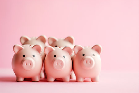 Group of pink piggy banks on pink background. Personal savings and financial investment, money storage, money boxes. Finance and saving for different purposes. Financial literacy, family wealth.の素材
