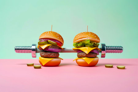 Burger dumbbell, bad fitness nutrition. Barbell with two burgers. Creative concept for a healthy lifestyle, sport and bodybuilding. Weight training and wrong diet, funny food, eating junk food.の素材