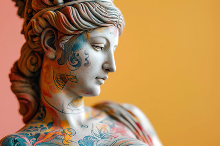 Classical greek goddess sculpture with modern hand drawn colorful tattoos. Heavily tattooed classic statue, modern art concept, tattoo shop promotion idea, copy space for textの素材