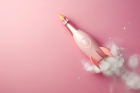 Champagne bottle flies up like a rocket. Champagne rocket launch as a symbol of holiday and party, beginning of vacation, travel or celebration. Party minimal concept.の素材