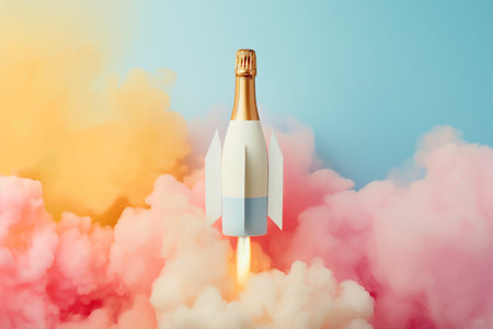 Champagne bottle flies up like a rocket. Champagne rocket launch as a symbol of holiday and party, beginning of vacation, travel or celebration. Party minimal concept, copy space.の素材