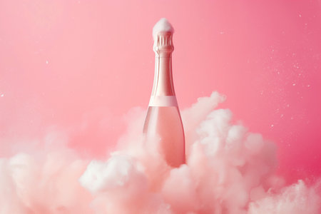 Champagne bottle flies up like a rocket. Champagne rocket launch in the clouds as a symbol of holiday and party, beginning of vacation, travel or celebration. Party minimal concept.の素材