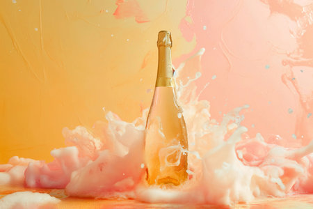 Champagne bottle flies up like a rocket. Champagne rocket launch in the water splashes as a symbol of holiday and party, beginning of vacation, travel or celebration. Party minimal concept.の素材