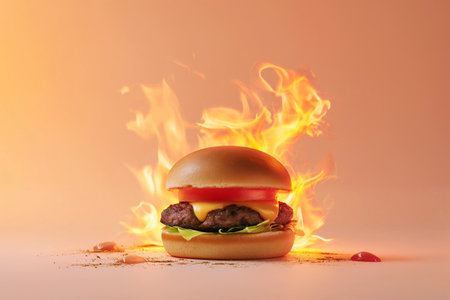 Burning burger, cheeseburger on fire. Hot hamburger in flames, spicy food, burning calories, weight loss and healthy diet concept. Fit motivation, discipline, regime, healthy food choices, burn fat.の素材