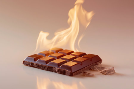 Burning chocolate bar, chocolate on fire. Hot block of chocolate in flames. Burning calories, weight loss and healthy diet concept. Burn fat, fit motivation, discipline, regime, healthy food choices.の素材