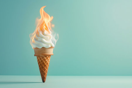 Burning ice cream cone, icecream on fire. Cold summer milk dessert in flames. Burning calories, weight loss and healthy diet concept. Burn fat, motivation, discipline, regime, healthy food choicesの素材