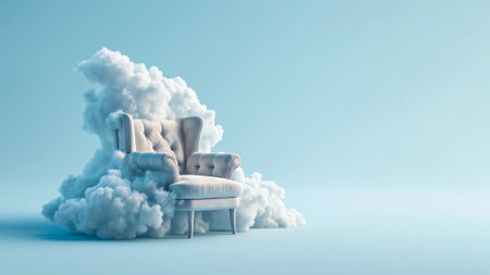An armchair with clouds. Fluffy cloud around soft armchair. Peaceful place for meditation and thinking. Dreaming, mental health, tranquil place, tranquil place, relaxation. Coziness and pacification.の素材