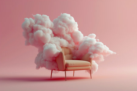 An armchair with clouds. Fluffy cloud around soft armchair. Peaceful place for meditation and thinking. Dreaming, mental health, tranquil place, tranquil place, relaxation. Coziness and pacification.の素材