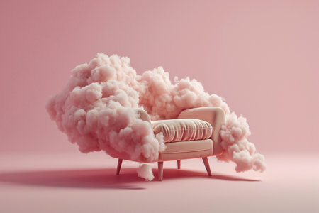 An armchair with clouds. Fluffy cloud around soft armchair. Peaceful place for meditation and thinking. Dreaming, mental health, tranquil place, tranquil place, relaxation. Coziness and pacification.の素材