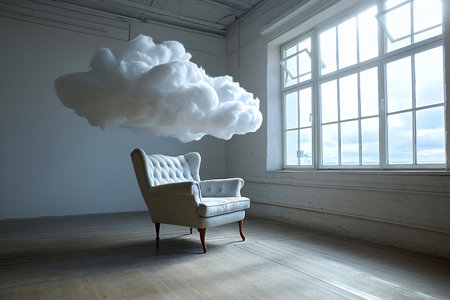 An armchair with clouds. Fluffy cloud around soft armchair in empty room. Peaceful place for thinking. Dreaming, mental health, tranquil place, relaxation. Loneliness, emptiness and sadness.の素材