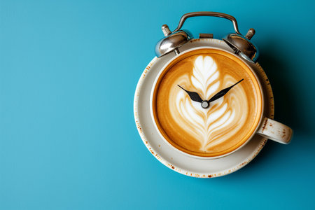 Cup of coffee instead of classic alarm clock face isolated on blue background with copy space. Coffee break, morning routine, breakfast time creative concept. Latte art on clock, coffee time.の素材