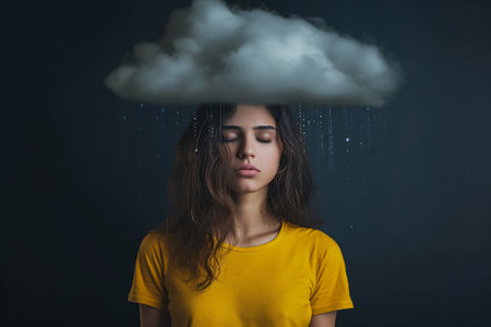 Upset woman with a dark rain cloud above her head, depression, loneliness, negative thoughts, stress, crying, bad mood, heavy thoughts, dark clouded mind. Mental health and social issues concept.の素材