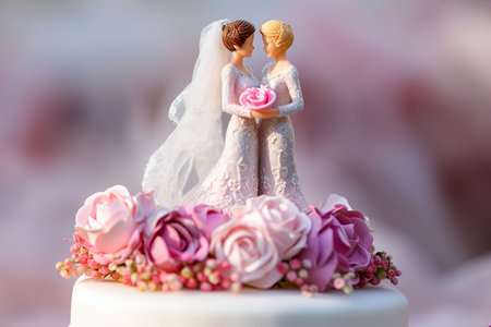 Wedding cake topper with two brides, figurines of a lesbian couple. Gay marriage concept. Lesbian couple wedding day, same-sex gay marriage, wedding sweets and decorationsの素材