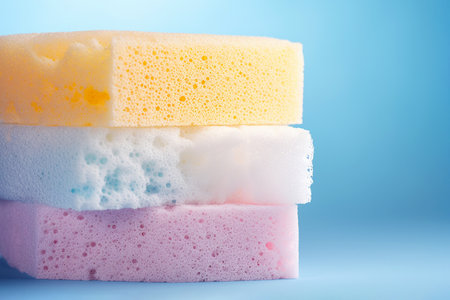 Set of colorful detergent washing sponges for cleaning. Stacks of sponges for washing dishes, cleaning products, cleaning service. Spring home cleaning concept.の素材