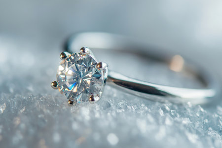 Luxury jewelry. White gold or silver engagement ring with diamonds closeup, selective focus. Female wedding accessories, ring with stone extreme closeup.の素材