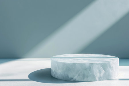 Minimal podium for cosmetic product presentation made of melting ice. Natural product present placement display, beauty product promotion mockup. Trendy minimalist natural background.の素材