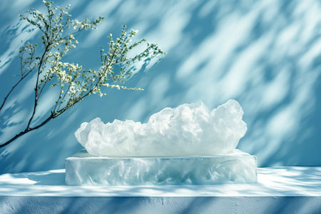 Minimal podium for cosmetic product presentation made of melting ice. Natural product present placement display, beauty product promotion mockup. Trendy minimalist natural background.の素材