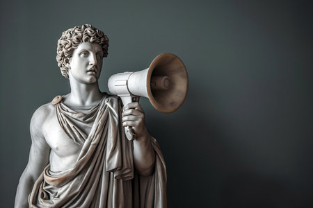 Greek statue holding loudspeaker screaming. Sculpture speaking loud in megaphone. Announcement, advertising, communication concept. Warning, announcement, notifying, free space for text.の素材