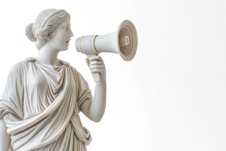 Greek statue holding loudspeaker screaming. Sculpture speaking loud in megaphone. Announcement, advertising, communication concept. Warning, announcement, notifying, free space for text.の素材