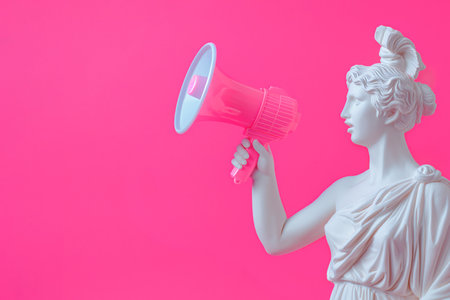 Greek statue holding loudspeaker screaming. Sculpture speaking loud in megaphone. Announcement, advertising, communication concept. Warning, announcement, notifying, free space for text.の素材