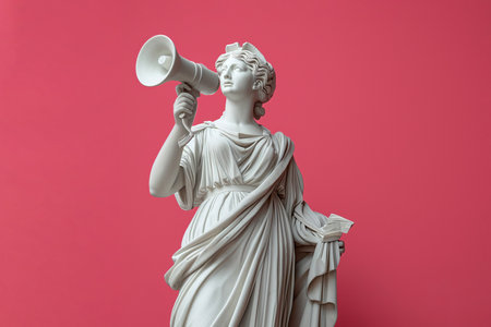 Greek statue holding loudspeaker screaming. Sculpture speaking loud in megaphone. Announcement, advertising, communication concept. Warning, announcement, notifying, free space for text.の素材