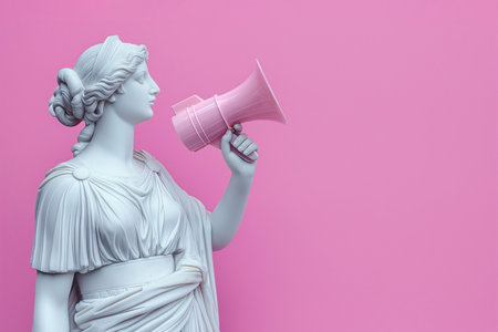 Greek statue holding loudspeaker screaming. Sculpture speaking loud in megaphone. Announcement, advertising, communication concept. Warning, announcement, notifying, free space for text.の素材