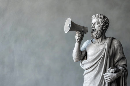 Greek statue holding loudspeaker screaming. Sculpture speaking loud in megaphone. Announcement, advertising, communication concept. Warning, announcement, notifying, free space for text.の素材