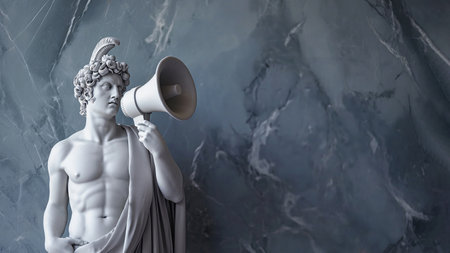 Greek statue holding loudspeaker screaming. Sculpture speaking loud in megaphone. Announcement, advertising, communication concept. Warning, announcement, notifying, free space for text.の素材