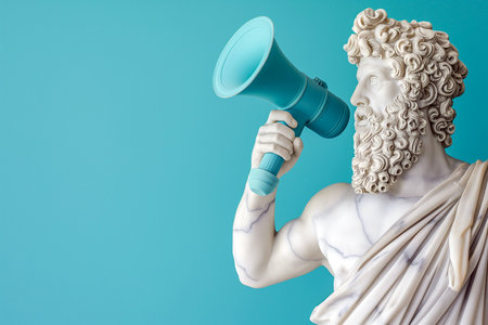 Greek statue holding loudspeaker screaming. Sculpture speaking loud in megaphone. Announcement, advertising, communication concept. Warning, announcement, notifying, free space for text.の素材