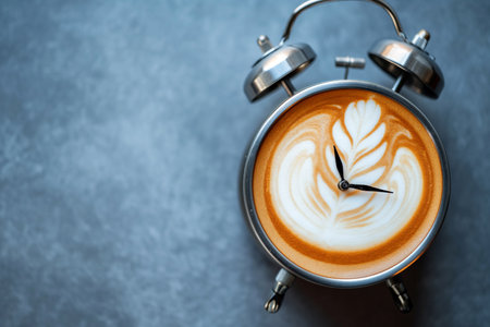 Classic alarm clock with coffee instead of a clock face isolated on gray background with copy space. Coffee break, morning routine, breakfast time minimal creative concept. Latte art, coffee timeの素材