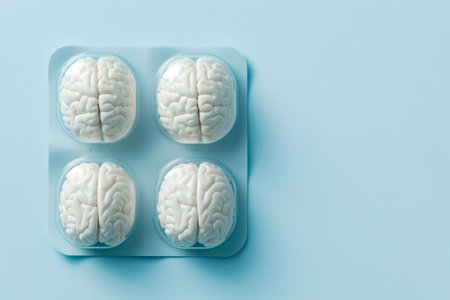 Pill blister with human brains. Medicines for brain health, mental health concept.Improving brain function, memory, concentration. DMAE, vitamins, nootropic treatment, cognitive enhancers, smart drugsの素材
