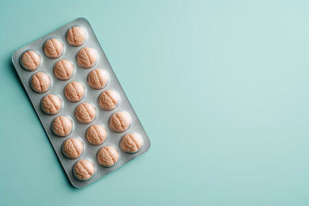 Pill blister with human brains. Medicines for brain health, mental health concept.Improving brain function, memory, concentration. DMAE, vitamins, nootropic treatment, cognitive enhancers, smart drugsの素材