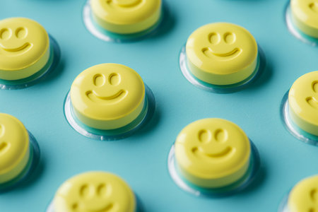 Blister with yellow smiling pills. Tablets, pharmacy, medicine, smile, emoji, vitamins, cheerful pills with drawn faces. Laughter is the best medicine, antidepressants conceptの素材