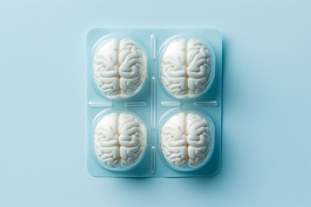 Pill blister with human brains. Medicines for brain health, mental health concept.Improving brain function, memory, concentration. DMAE, vitamins, nootropic treatment, cognitive enhancers, smart drugsの素材
