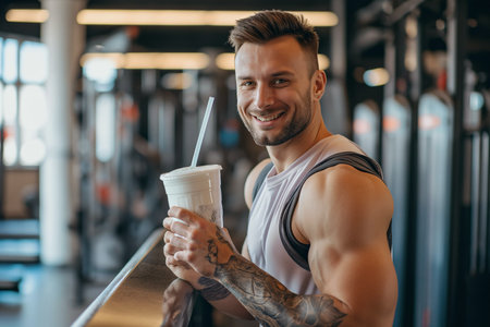 Fit young man in gym drinking protein cocktail. Athletic man in sportswear holding a shaker with healthy drink. Protein shake. exercising concept. Fitness and healthy lifestyle, sports nutrition.の素材