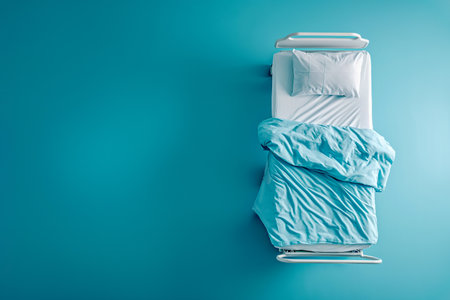 Empty hospital bed in modern hospital room. Minimalist hospital room top view. Clean and empty room ip pastel blue colors with a bed in the new medical center. Copy space for textの素材
