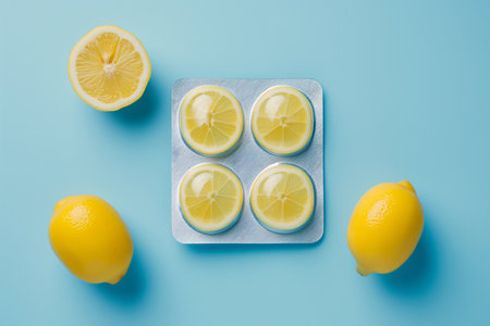 Blister with lemon slices as pills. Lemons instead of tablets. Natural Vitamin C supplement. Immune system boost. Tablets, pharmacy, medicine, vitamins. Health and medicine, sports nutrition concept.の素材