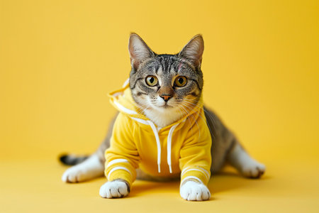 Stylish cat wearing hoodie stretching legs, doing yoga, exercising. Kitten dressed in sweater. Clothing for pets, humanoid cat, feline fashion. Cat in clothes like a human, copy space.の素材