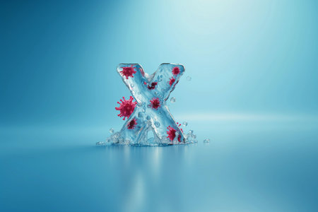 Close up of virus cell, x-shaped symbol of Disease X frozen inside ice cube. Virus cells under microscope. Red X sign for dangerous new pandemic virus. Waiting for next pandemic strikes.の素材
