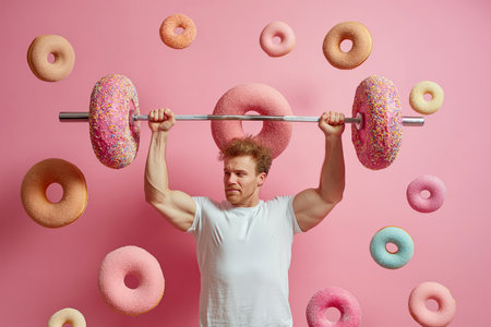 Man trying to lift a barbell made of big donuts. Dumbbell donut. Creative concept for a healthy lifestyle, Bad fitness nutrition, sport and bodybuilding. Weight training, wrong diet, funny food.の素材