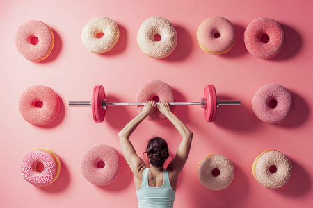 Woman trying to lift a barbell made of big donuts. Dumbbell donut. Creative concept for a healthy lifestyle, Bad fitness nutrition, sport and bodybuilding. Weight training, wrong diet, funny food.の素材
