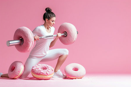 Woman trying to lift a barbell made of big donuts. Dumbbell donut. Creative concept for a healthy lifestyle, Bad fitness nutrition, sport and bodybuilding. Weight training, wrong diet, funny food.の素材