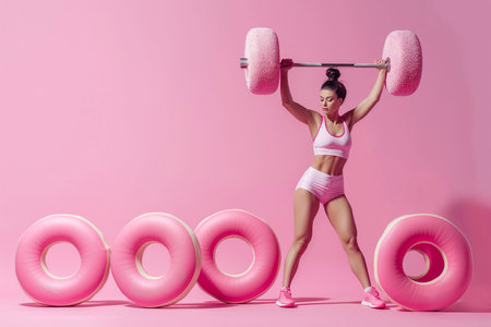 Woman lifting a barbell made of big donuts. Dumbbell donut. Creative concept for a healthy lifestyle, Bad fitness nutrition, sport and bodybuilding. Weight training, wrong diet, funny food.の素材