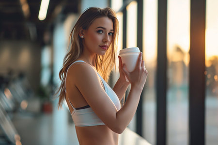 Fit woman in gym drinking protein cocktail. Athletic girl in sportswear holding a shaker with healthy drink. Protein shake. exercising concept. Fitness and healthy lifestyle, sports nutrition.の素材