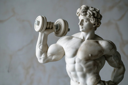 Greek god sculpture with dumbbell. Exercising statue, classic and perfect body shapes. Fitness and bodycare, health and sport concept. Powerlifting, muscle building. Marble, stone sculpture.の素材