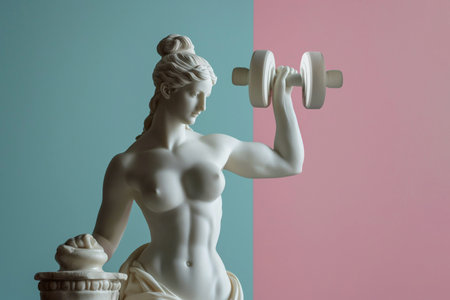 Greek goddess sculpture with dumbbell. Exercising statue, classic and perfect body shapes. Fitness and bodycare, health and sport concept. Powerlifting, muscle building. Marble, stone sculpture.の素材