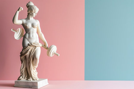 Greek goddess sculpture with dumbbell. Exercising statue, classic and perfect body shapes. Fitness and bodycare, health and sport concept. Powerlifting, muscle building. Marble, stone sculpture.の素材