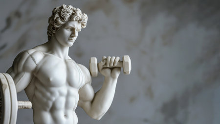 Greek god sculpture with dumbbell. Exercising statue, classic and perfect body shapes. Fitness and bodycare, health and sport concept. Powerlifting, muscle building. Marble, stone sculpture.の素材
